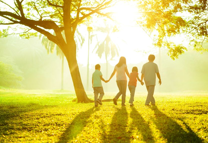 Family holding hands walking over green lawn